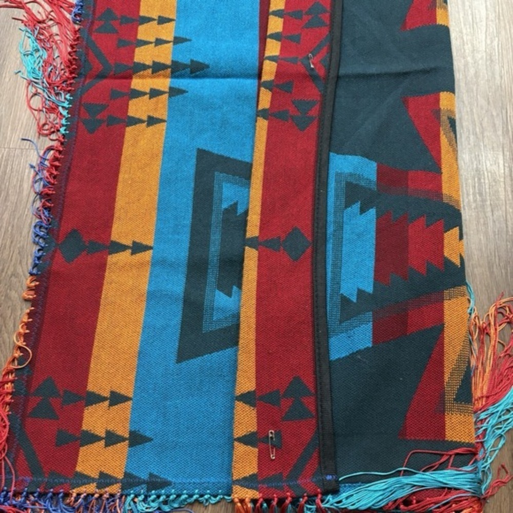 Southwestern Wool Geometric Fringed Shawl Robe Multicolor 28x78 Blue - Picture 10 of 13